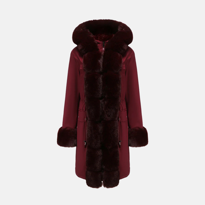 Women's Long Coat - Woven Fabric - Fur Hood - Straight Cut