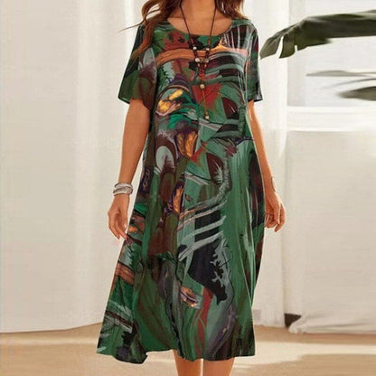Women's midi dress – Loose fit – Breathable fabric – Short sleeves – Abstract print