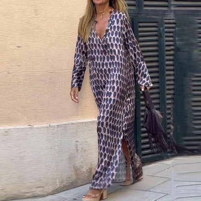 Women's long dress – Loose fit – Breathable fabric – Graphic pattern – V-neck