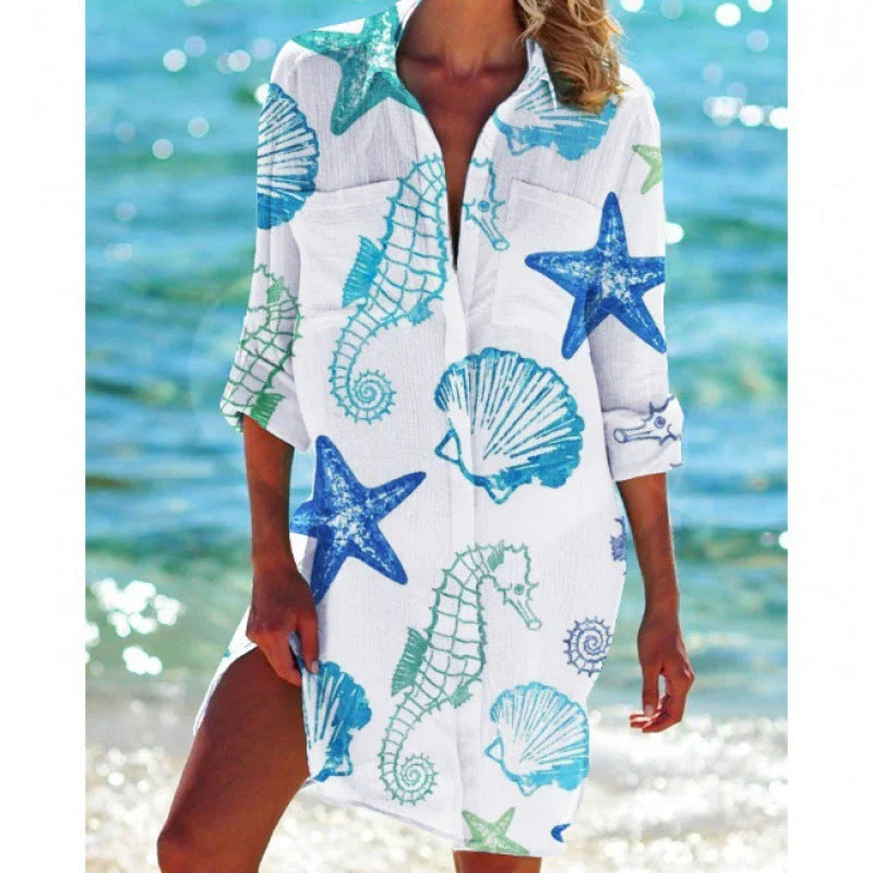 Tunic dress for women – Relaxed fit – Breathable fabric – Buttoned – Casual beach