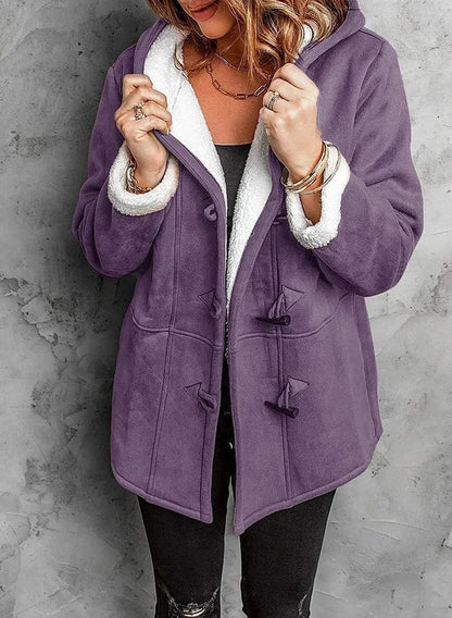 Veste polaire femme – Coupe décontractée – Capuche – Boutons brandebourg – Longueur mi-cuisse