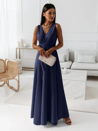 Robe longue femme – Coupe fluide – Sans manches – Décolleté en V – Taille ceinturée
