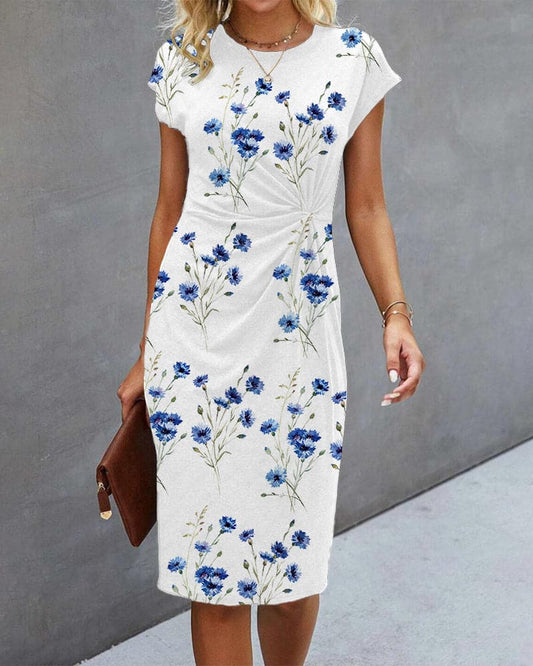 Robe midi femme – Coupe semi-ajustée – Manches courtes – Tissu respirant – Imprimé floral