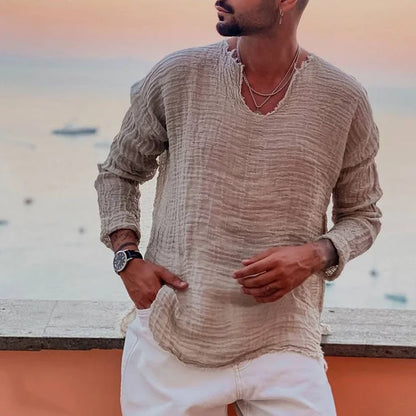 Men's V-neck shirt – Long sleeves – Relaxed fit – Breathable crinkled fabric
