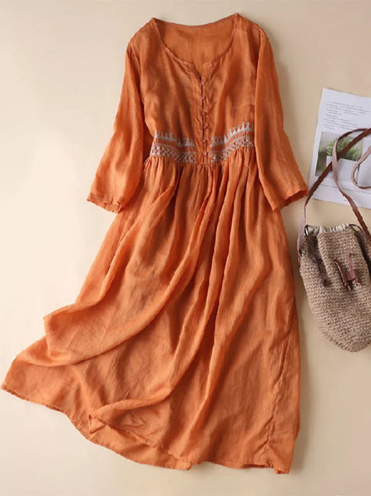 Women's midi dress – Natural fibers – Loose fit – Ethnic embroidery – 3/4 sleeves