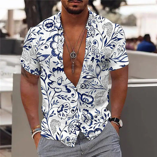 Chemise homme manches courtes – Coupe slim – Tissu respirant – Imprimé floral – Col V
