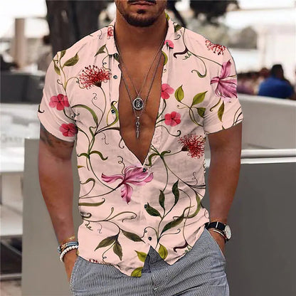 Chemise homme manches courtes – Coupe slim – Tissu respirant – Imprimé floral – Col V