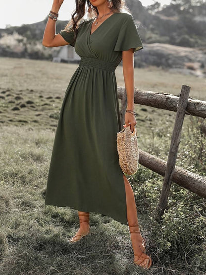Women's midi dress – Flared fluid cut – Short sleeves – Wrap neckline