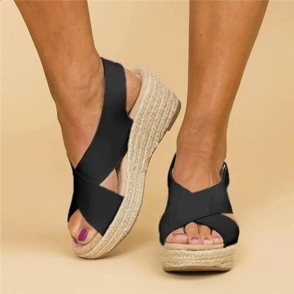 Sandales compensées femme – Bride croisée – Semelle espadrille – Bout ouvert confortable
