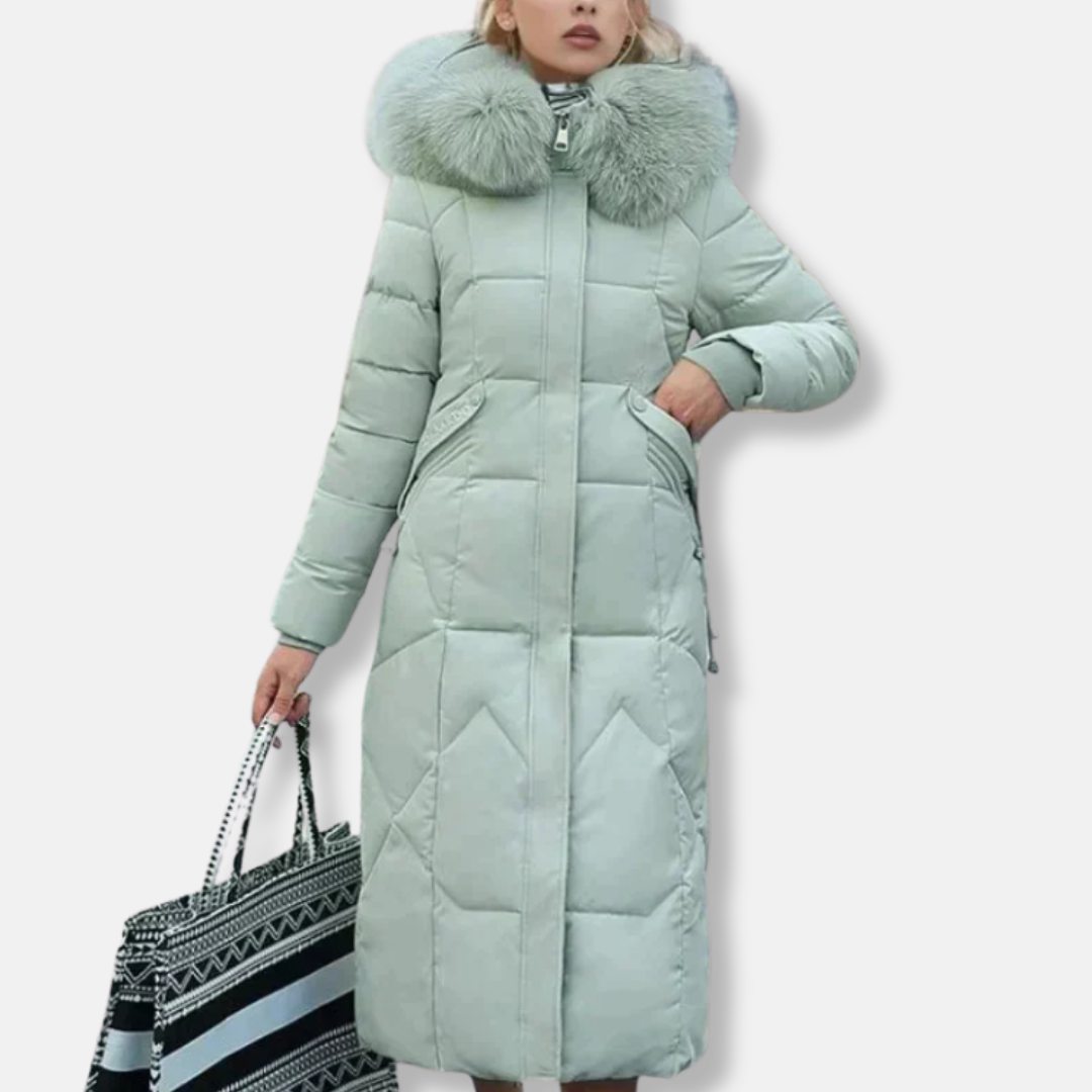 Women's Long Quilted Coat - Woven Fabric - Slim Fit - Removable Stand Collar