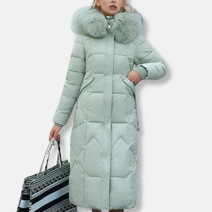 Women's Long Quilted Coat - Woven Fabric - Slim Fit - Removable Stand Collar