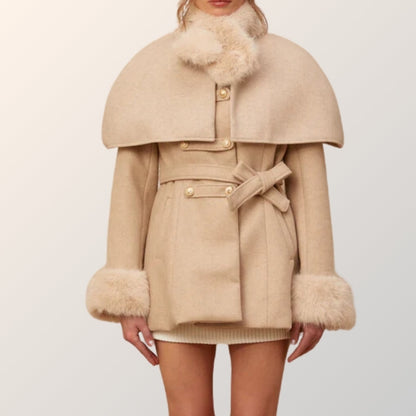 Ginevra A-Line Cape Coat | Belted Waist Fur Trim Cape Coat