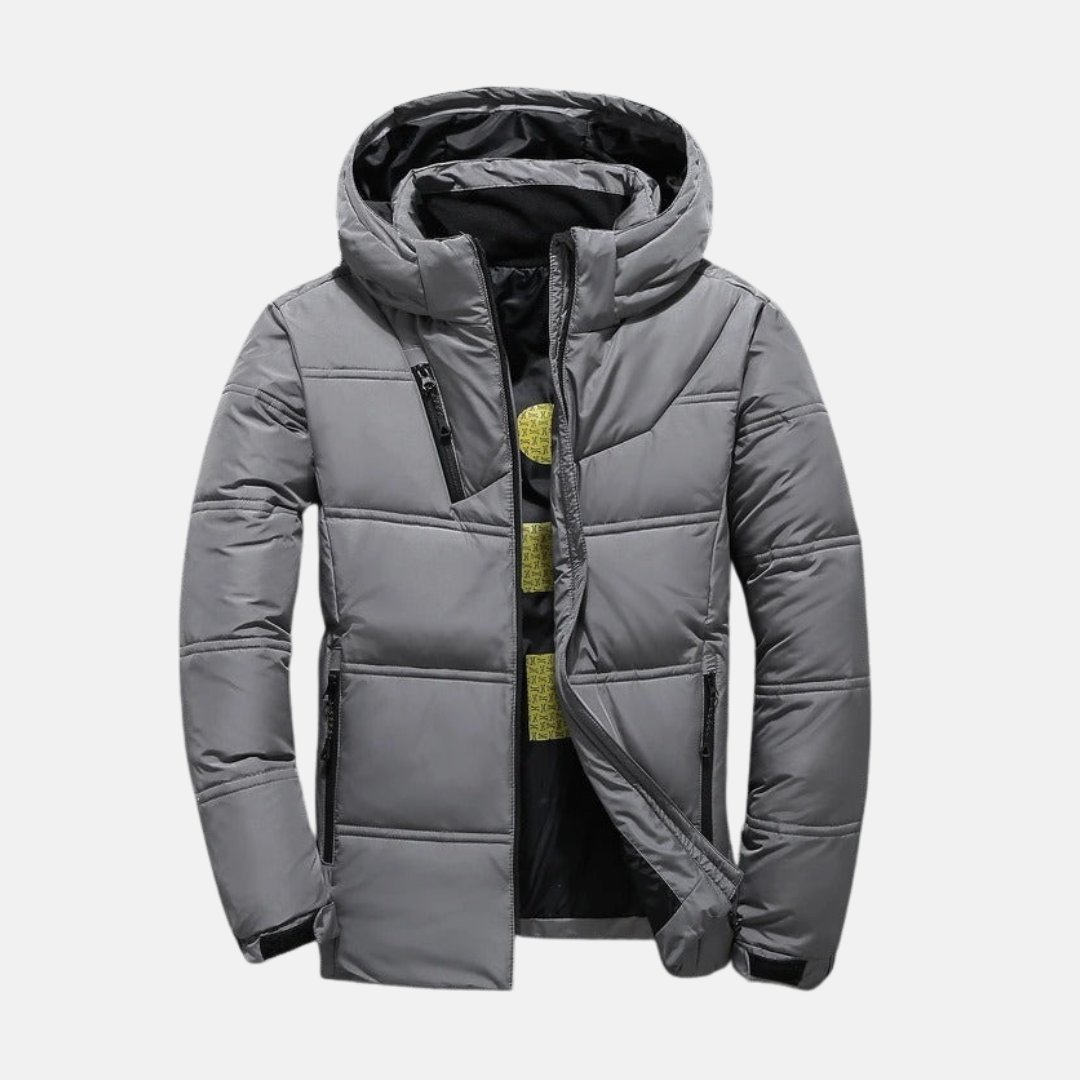 Men's Puffer Jacket - Synthetic Fabric - Stand-up Collar Hood - Waist Length