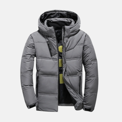 Men's Puffer Jacket - Synthetic Fabric - Stand-up Collar Hood - Waist Length