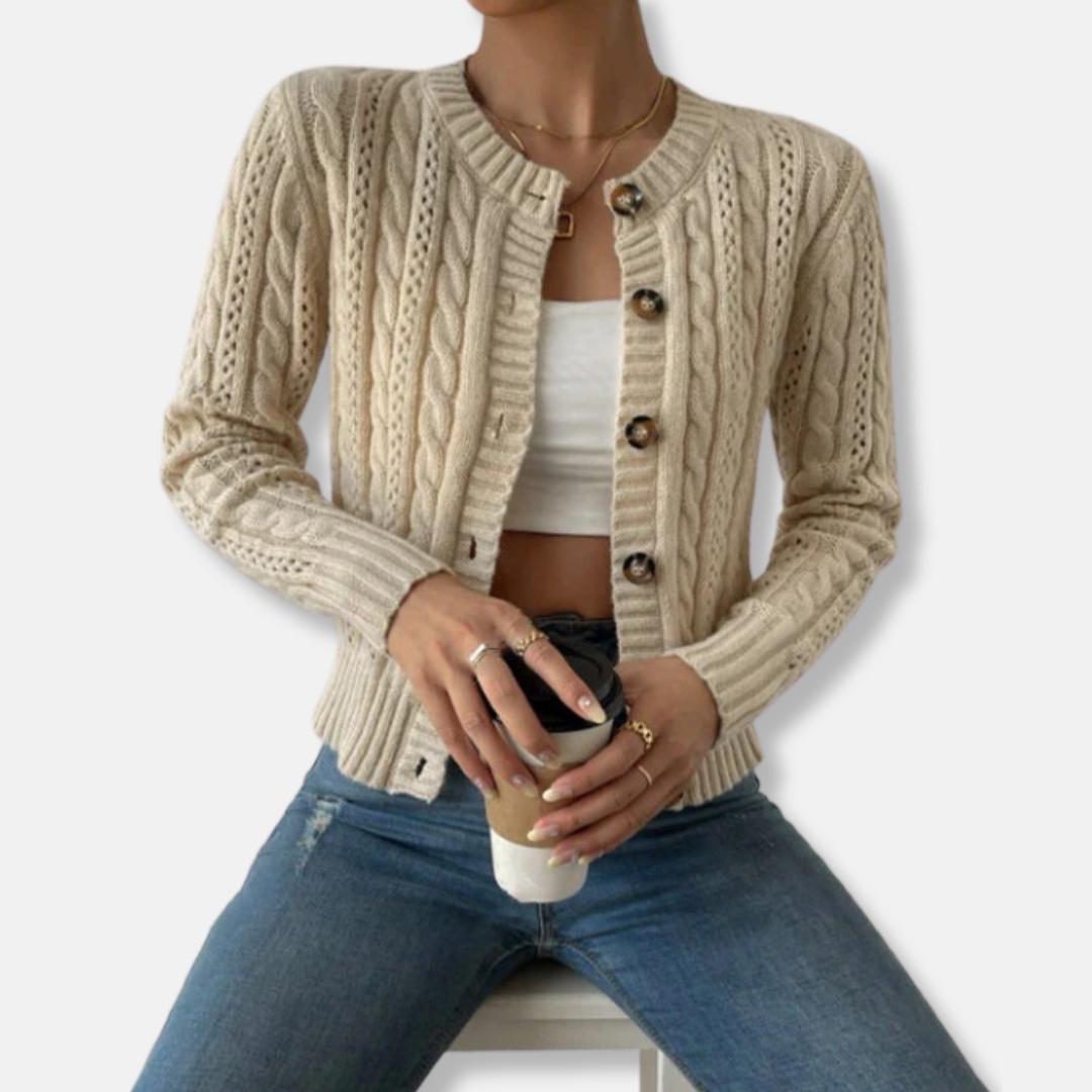 Elizabeth Relaxed Fit Cardigan | Cable Knit, Ribbed Trim Cardigan