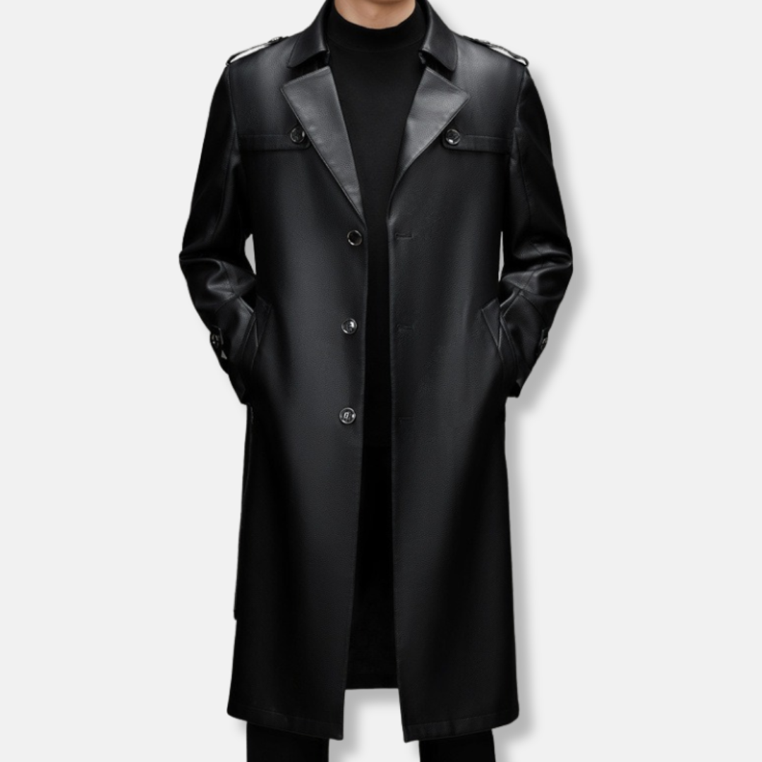 Men's trench coat – Smooth leather – Slim fit – Structured silhouette – Knee length