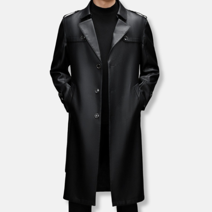 Men's trench coat – Smooth leather – Slim fit – Structured silhouette – Knee length