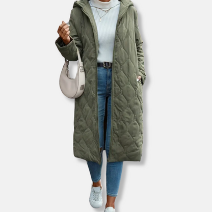 Alessandra Hooded Quilted Coat | Longline Zip Front Coat