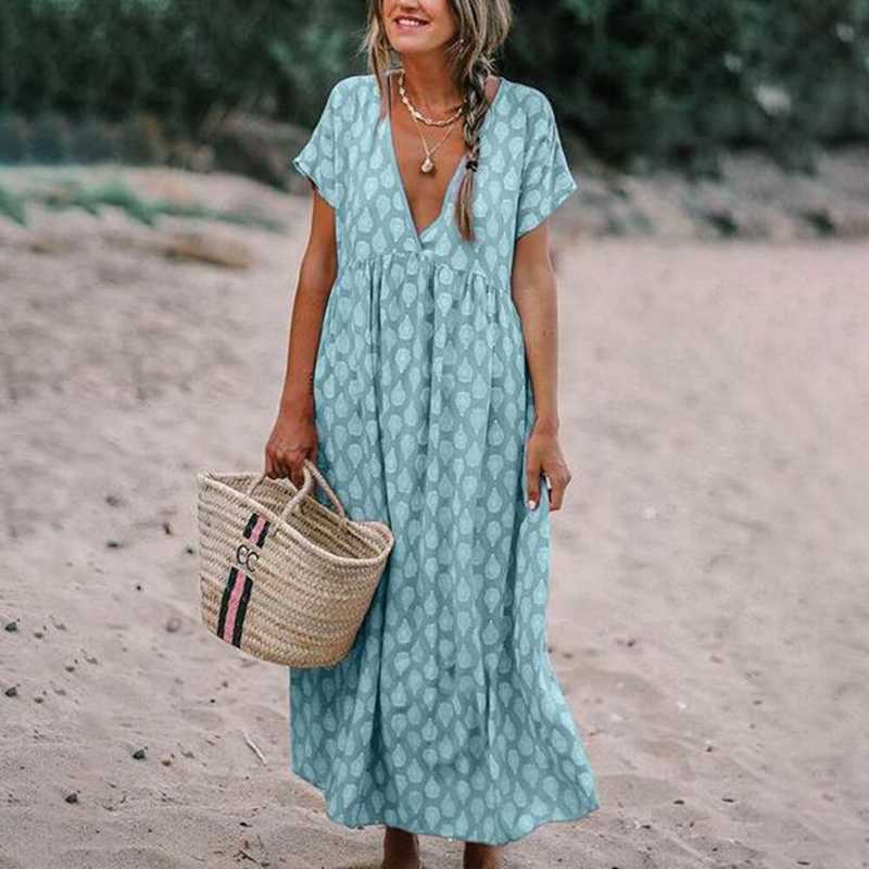 Women's long dress – Flowing cut – Natural fabric – Short sleeves – V-neck