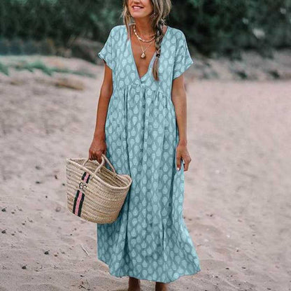 Women's long dress – Flowing cut – Natural fabric – Short sleeves – V-neck