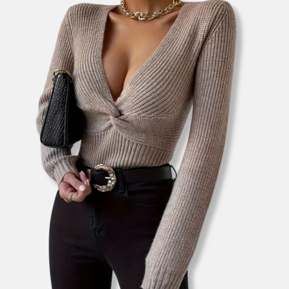 Clara Ribbed V-Neck Sweater | Twist Front Fitted Sweater