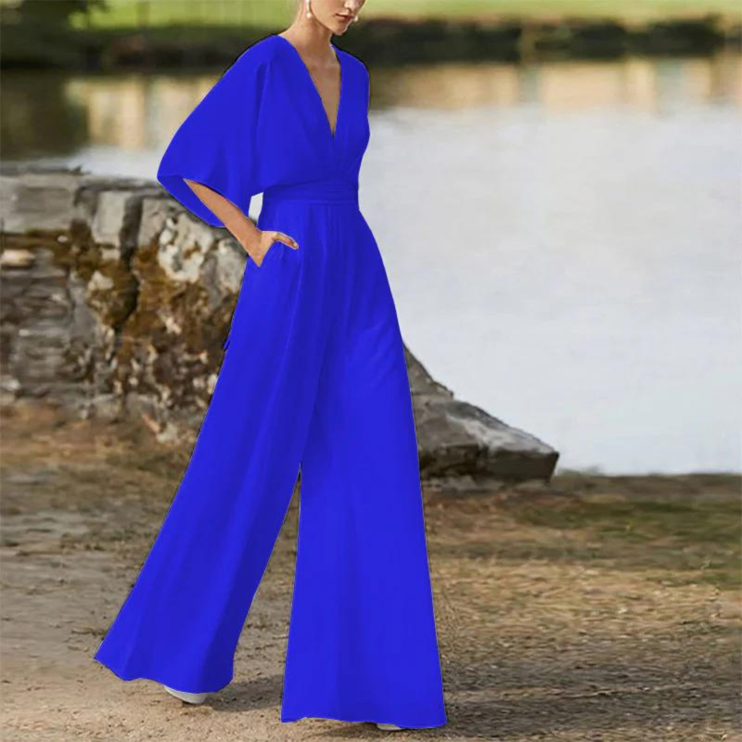 Jumpsuit woman – V-neck – Loose fit – Mid-length sleeves – Wide legs