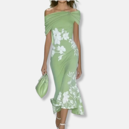 Mia Fitted Midi Dress | Off-The-Shoulder Floral Midi Dress