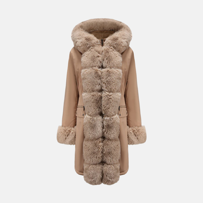 Women's Long Coat - Woven Fabric - Fur Hood - Straight Cut