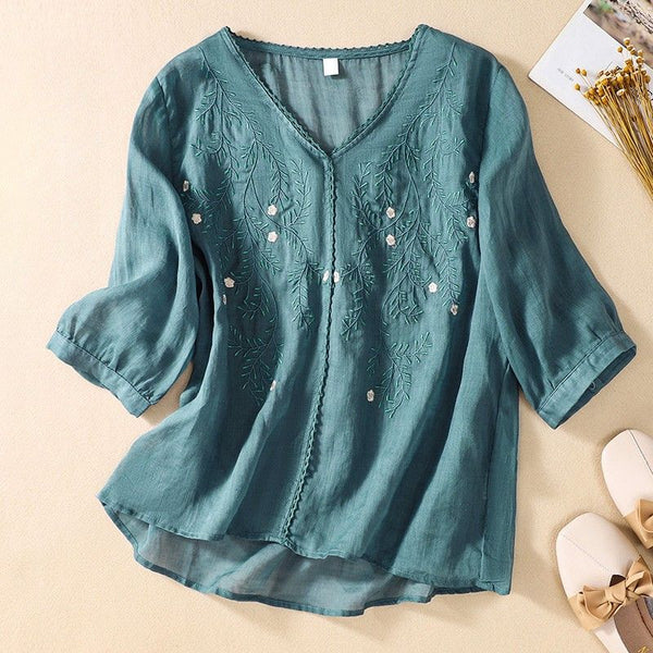 Embroidered V-Neck Blouse for Women – Relaxed Comfort & Style