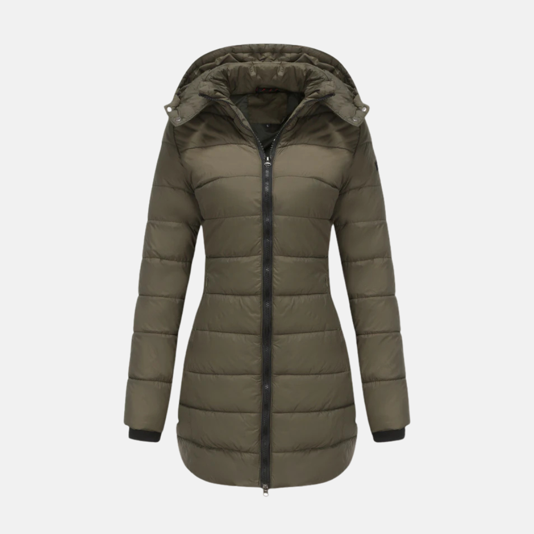 Women's Quilted Coat - Woven Fabric - Straight Cut - Mid-thigh Length - Attached Hood
