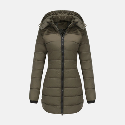 Women's Quilted Coat - Woven Fabric - Straight Cut - Mid-thigh Length - Attached Hood