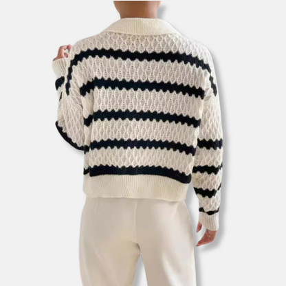 Caterina Wool Cropped Polo Sweater | Striped V-Neck Polo Sweater