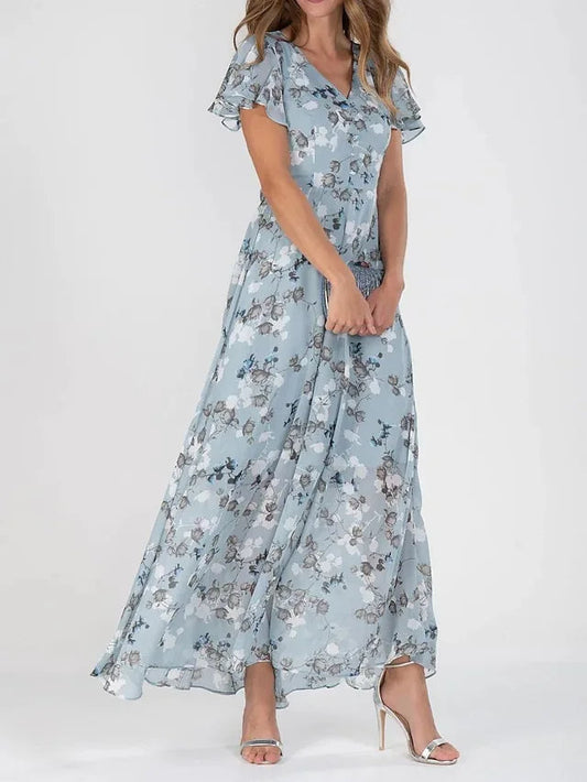 Women's midi dress – Fluid fabric – Ruffled sleeves – Elegant floral print