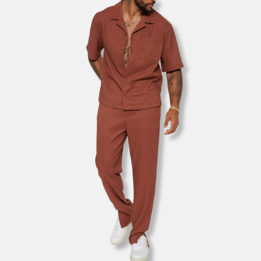 Men's casual set – Loose fit – Short-sleeve collared shirt – Long pants – Breathable fabric