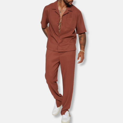 Men's casual set – Loose fit – Short-sleeve collared shirt – Long pants – Breathable fabric