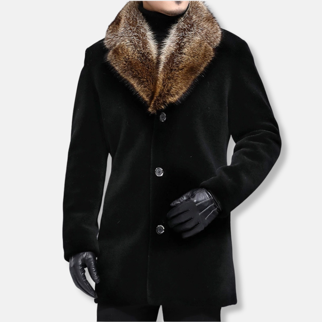 Men Coat - Soft Fabric - Mid-Thigh Length - V Collar Fur Sharky
