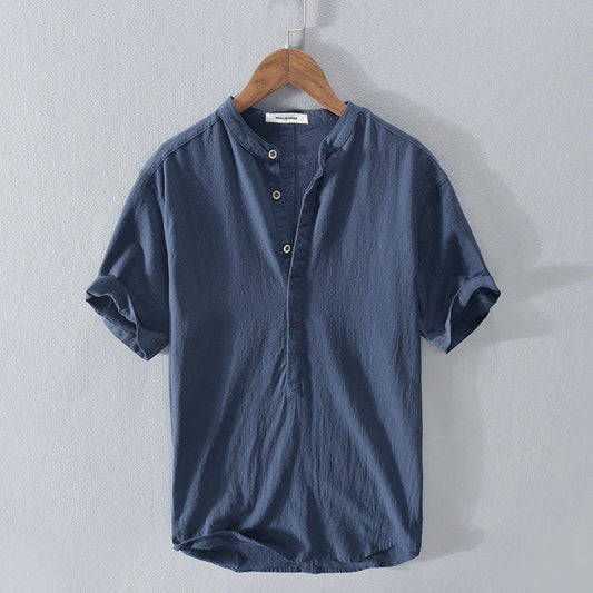 Men's short-sleeve shirt – Relaxed fit – Mao collar – Breathable natural fibers