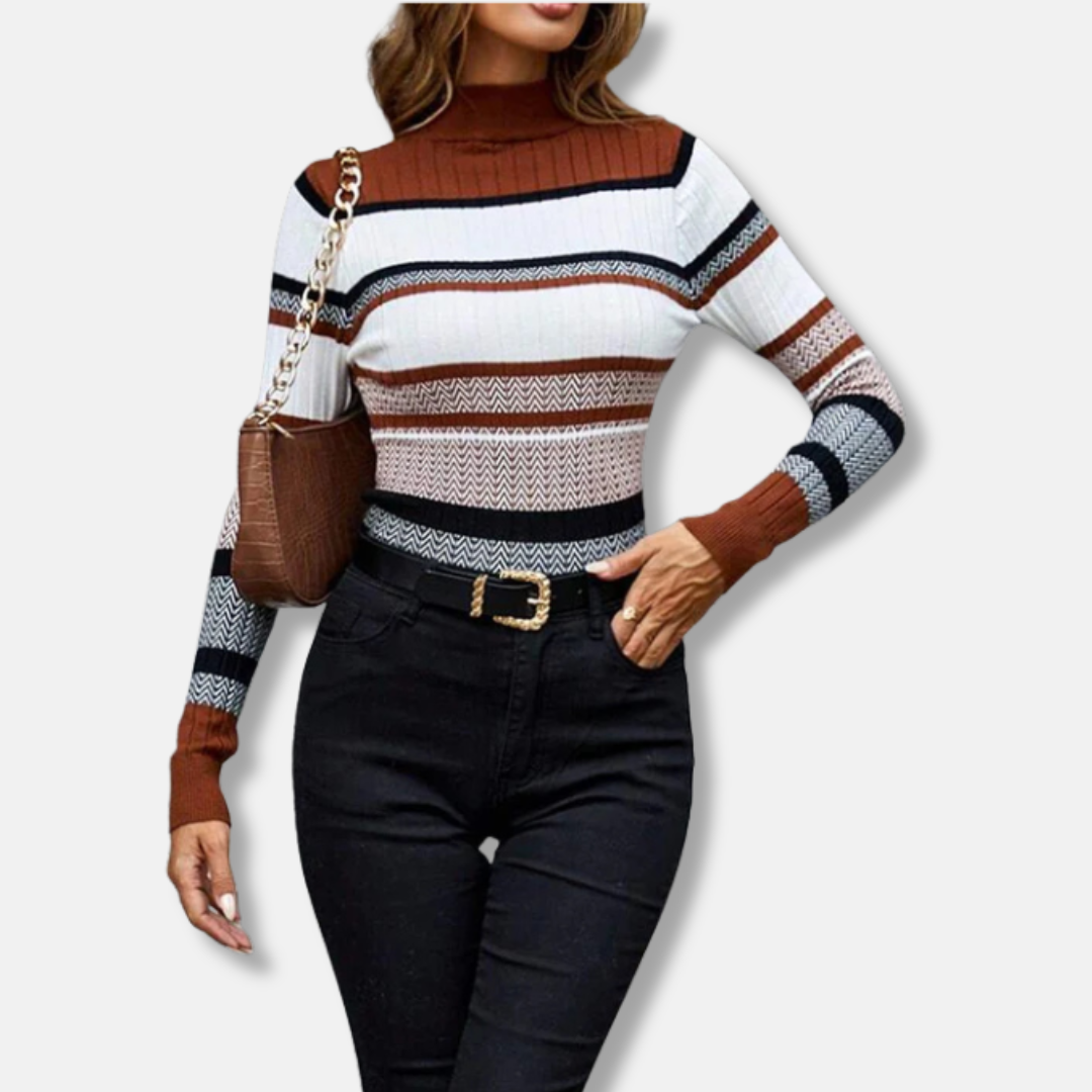 Elizabeth Cotton Slim Mock Neck Sweater | Striped Ribbed Sweater