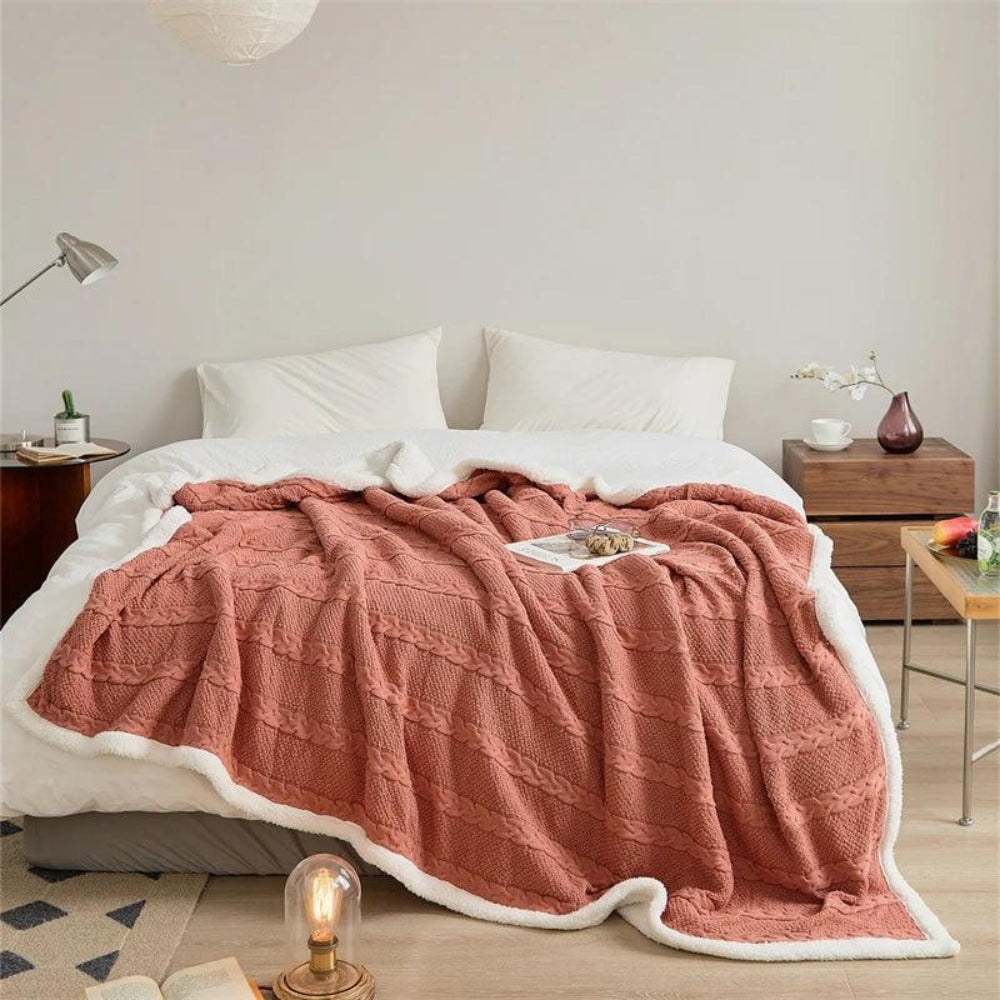 Minimalist Sherpa Throw Blanket With Cable Knit Texture