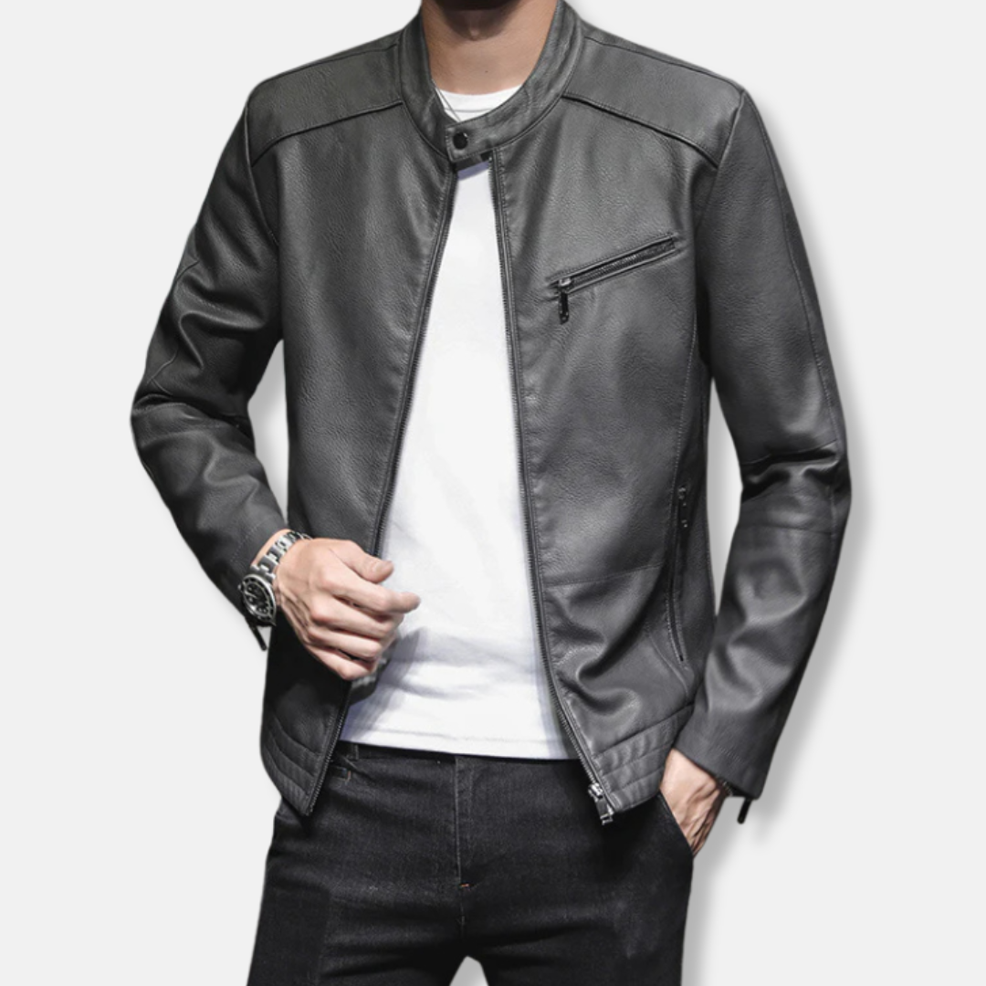 Men's biker jacket – Slim fitted cut – Stand collar – Zipped closure – Casual style