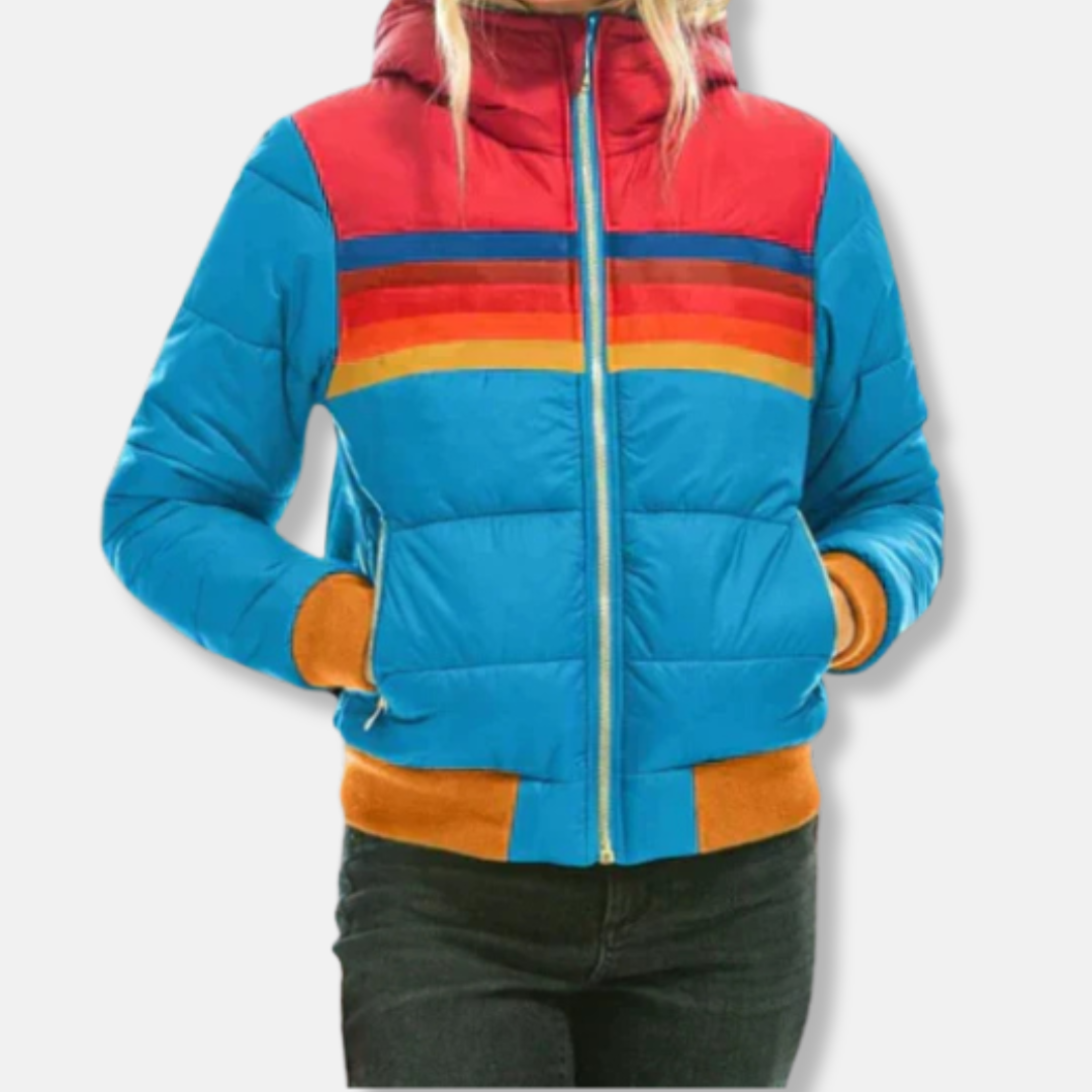 Women's Puffer Jacket - Slim Fit - Stand Collar - Hip Length - Zip-Up Closure