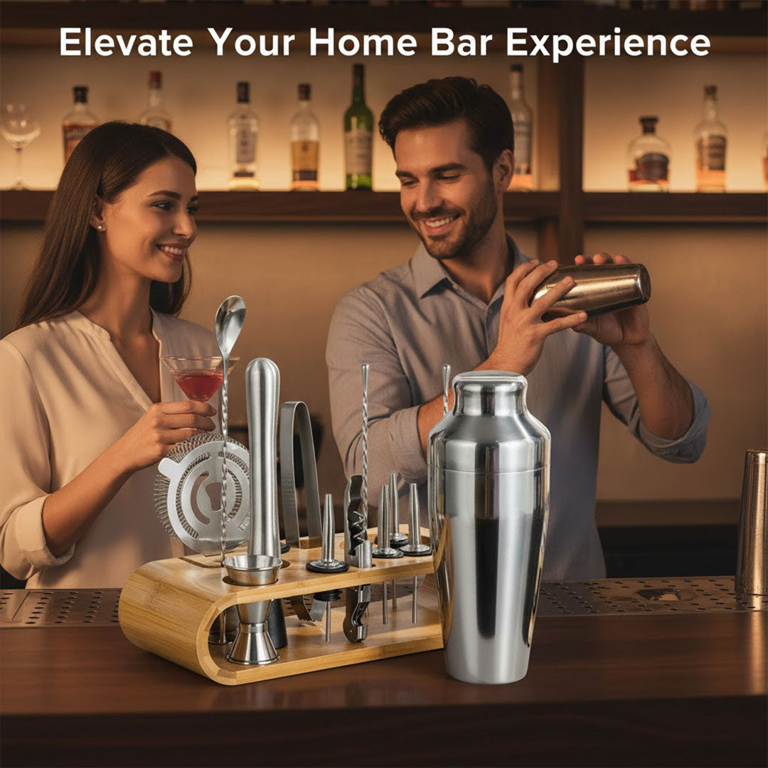 Minimalist Stainless Steel Cocktail Shaker Set With Bamboo Stand