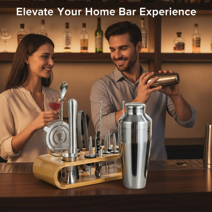 Minimalist Stainless Steel Cocktail Shaker Set With Bamboo Stand