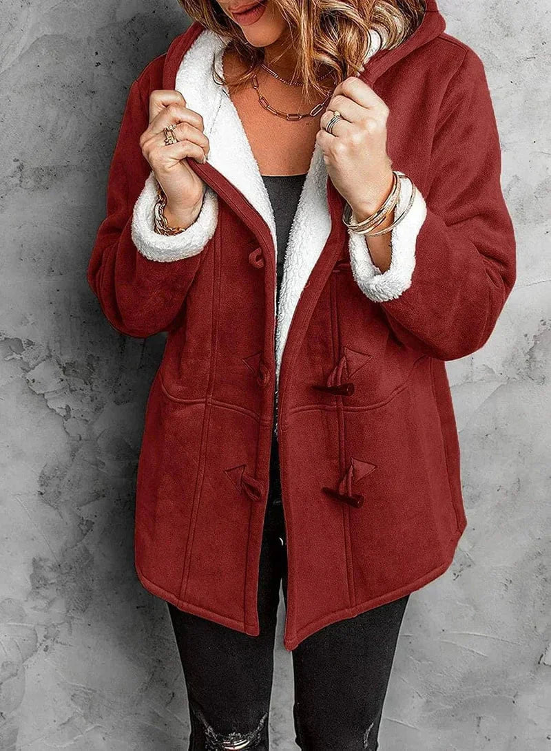 Veste polaire femme – Coupe décontractée – Capuche – Boutons brandebourg – Longueur mi-cuisse