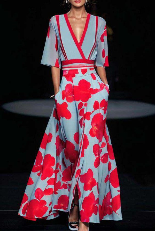 Robe longue femme – Tissu fluide – Taille cintrée – Manches coudes – Décolleté V