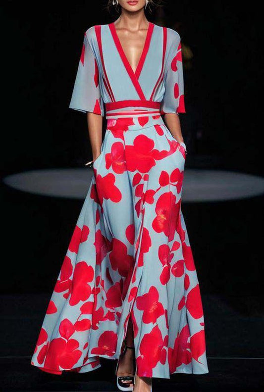 Robe longue femme – Tissu fluide – Taille cintrée – Manches coudes – Décolleté V