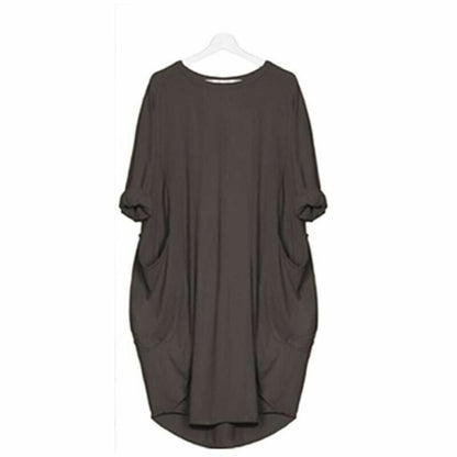 Women's Midi Dress – Loose Fit – Breathable Fabric – Round Neck – Side Pockets