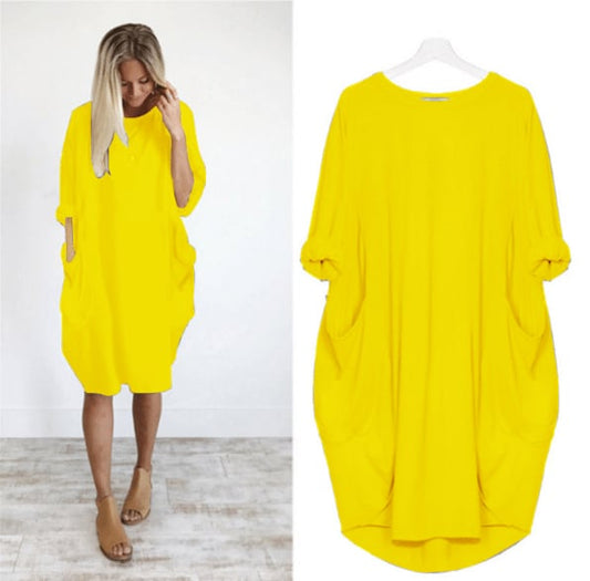 Women's Midi Dress – Loose Fit – Breathable Fabric – Round Neck – Side Pockets