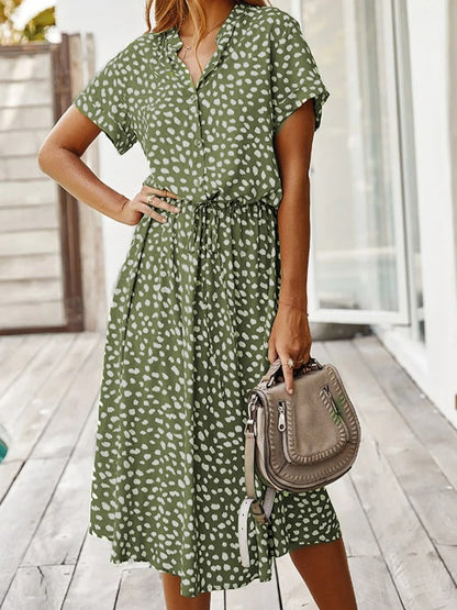 Women's midi dress – Relaxed fit – Breathable fabric – Short sleeves – Buttoned