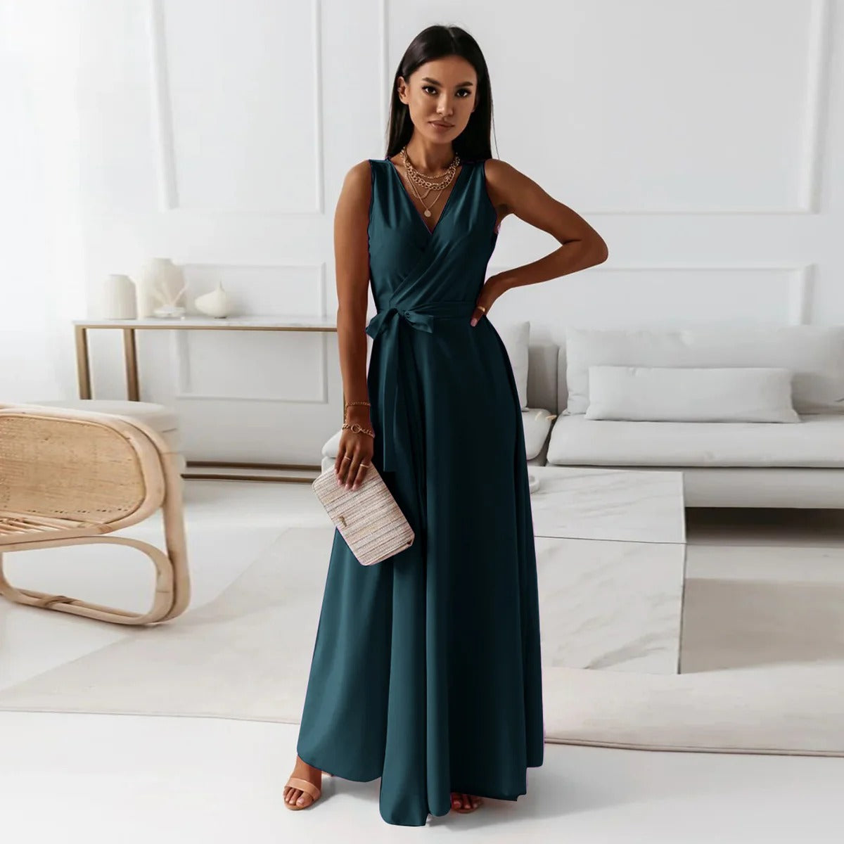 Robe longue femme – Coupe fluide – Sans manches – Décolleté en V – Taille ceinturée